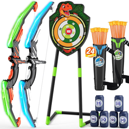 2 Pack Kids Bow and Arrow, LED Archery Set with Dinosaur Target | with 24 Suction Cup Arrows, 1 Standing Target, 6