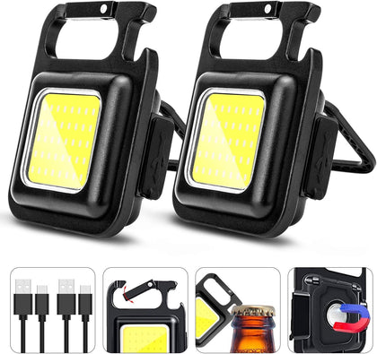 COB Rechargeable Keychain Flashlight 2Pack, High Lumen Super Bright LED Work Light with Magnet,Clip,Bottle Opener for
