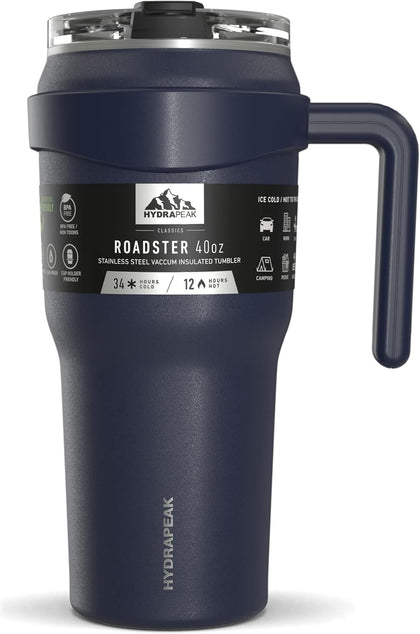 Roadster 40oz Stainless Steel Tumbler Double Wall Vacuum Insulated Water Bottle With Handle And 2 in 1 Straw Lid (Navy)