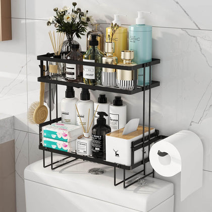 2-Tier Over Toilet Storage Shelf, Wall-Mount with 2 Hook/Paper Rack | Bathroom Organizers and Storage Cabinet