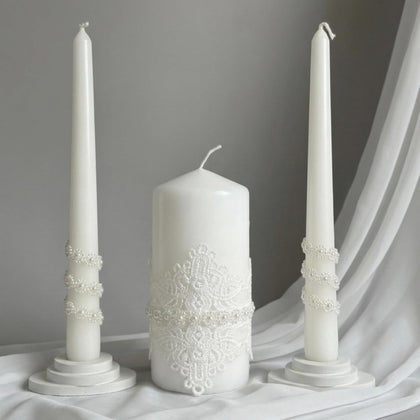 Lace Elegance Unity Candle Set for Wedding Ceremony & Reception, White Unity Candles with Pearl Decor, 6” Pillar &