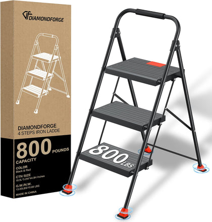3 Step Ladder Foldable Folding Stool - for Home Adults Kitchen, Iron, Black, Extension Tall Heavy Duty with Handrails