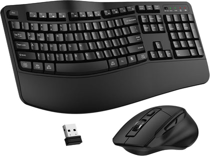 Wireless Keyboard and Mouse Combo, 2.4G Ergonomic Wave Keys(Black) | Full Size Wave Keyboard with Wrist Rest, 3-Level