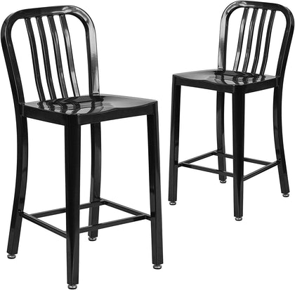 Gael Commercial Grade 2 Pack 24" High Black Metal Indoor-Outdoor Counter Height Stool with Vertical Slat Back