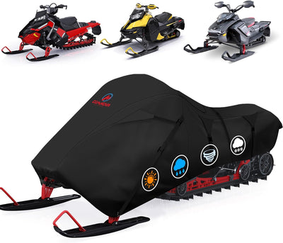Comnova Snowmobile Cover 130 Inch - Premium 600D Outdoor Snowsled Cover, Heavy Duty & Waterproof All Weather Protection Covers, Black, Fit Up to 130" L Snowmobile