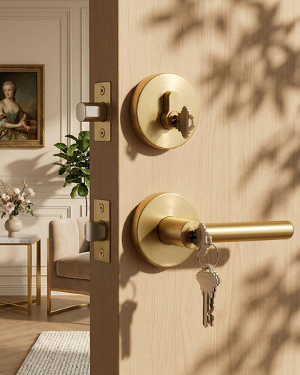 Exterior Deadbolt and Keyed Entry Door Handle Set, Heavy Duty Zinc Alloy Gold Door Lever, Key Entry Front Brushed