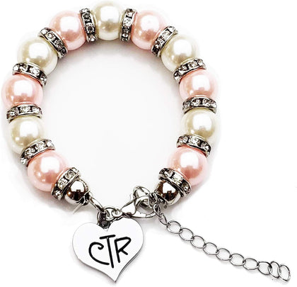 LDS Baptism Gift, CTR Charm Bracelet, Pink and White Faux Pearls with Crystals, Choose The Right Gifts for Girls