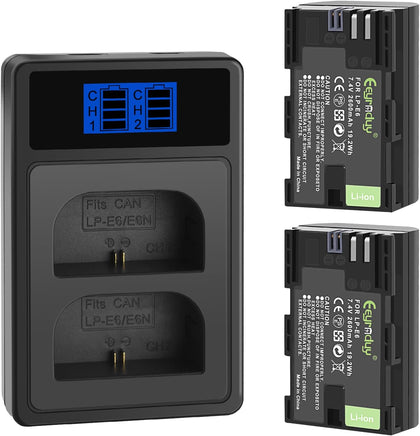 2600mAh 2-Pack of LP-E6 Batteries and Dual Battery Charger Replacement LP-E6 LP-E6N for Canon EOS R R5 R6 R7 60D