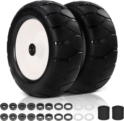 11x4.00-5 Flat Free Lawn Mower Tires and Wheels-3/4" 5/8" 1/2" Bearings & 3.4-4.9" Adjustable Centered Hub Length, 2