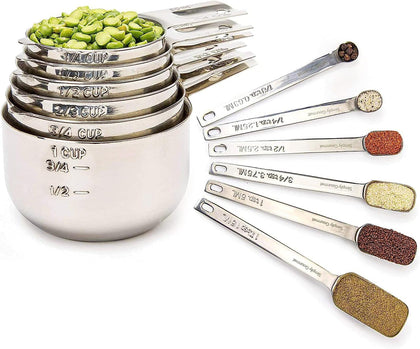 Measuring Cups & Spoons Set of 12, 18/08 Stainless Steel Kitchen Gadgets, Stackable Design with Long Handle Spoons