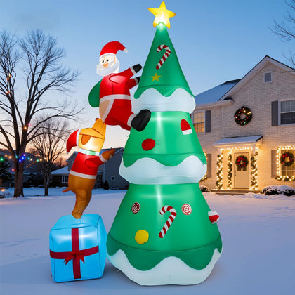 7 FT Inflatable Christmas Tree Built-in Bright LED Lights, Dog Bites Santa Claus Funny Xmas Decor, Blow UP Outdoor