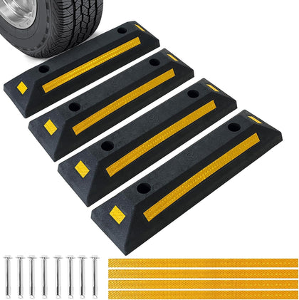 4 Pack Heavy Duty Rubber Parking Block Parking Curb | Wheel Stop Stoppers for Garage Parking with Yellow Reflective