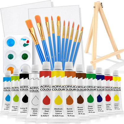 26 PCS Acrylic Paint Set with 12 Colors Acrylic Paints (12ml, 0.4 oz), 10 Paint Brushes, 2 Canvas, 1 Wood Easel, 1