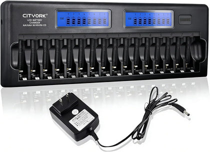 16 Bay AA AAA Battery Charger with Discharge Function, Smart LCD Display for 1.2V AA/AAA NiMH/NiCd Rechargeable