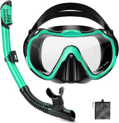Snorkeling Gear for Adults, Adult Snorkel Set with Panoramic Anti-Leak and Anti-Fog Tempered Glass Snorkel Mask, Dry