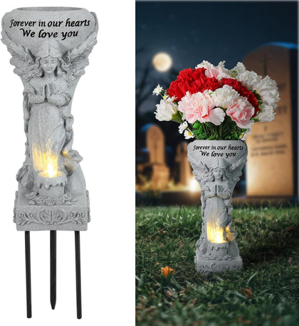 Solar Cemetery Vase for Grave, Praying Angel with Spike
