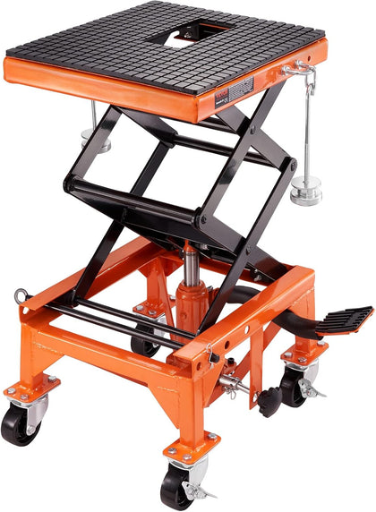 Hydraulic Motorcycle Lift Table, 350 lbs Capacity Motorcycle Scissor Jack Lift with Wide Deck, J-Hooks, 4 Wheels