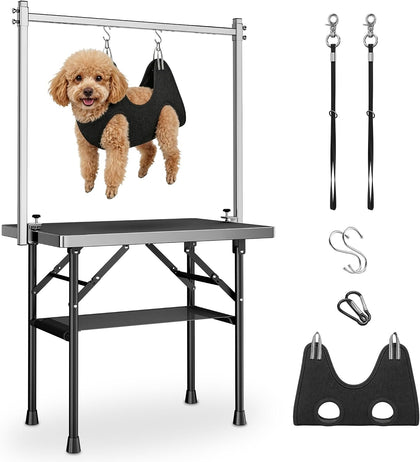 Dog Grooming Table with Arm, 35.5" L×23.6" W x 30" H Foldable Heavy Duty Pet Grooming Station with Adjustable 33.5"