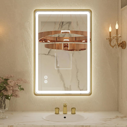24x32 Inch LED Bathroom Mirror with Round Corner Gold Framed, Lighted Vanity Mirrors with Lights, Front Light and