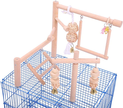 Bird Cage Play Stand Toy Set-Birdcage Wood Stands Hanging Chew Toys Ladder Swing Parrot Perch Play Gym Playground