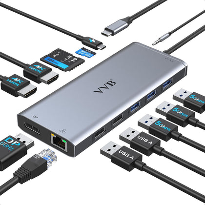 USB C Laptop Docking Station Dual Monitor HDMI Type C Hub Multiport Adapter | USB C Dongle Dock 14 in 1 USB C to 2