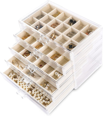 Acrylic Jewelry Box for Earring,Jewelry Organizer with 5 Drawers | 61 Jewelry Storage Grid for Rings Stud
