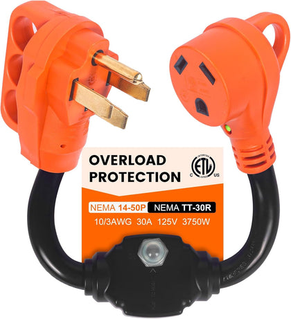 50 Amp to 30 Amp RV Adapter with Breaker, 14-50P to TT-30R, ETL Listed | Built-In Overload Protection, LED Power
