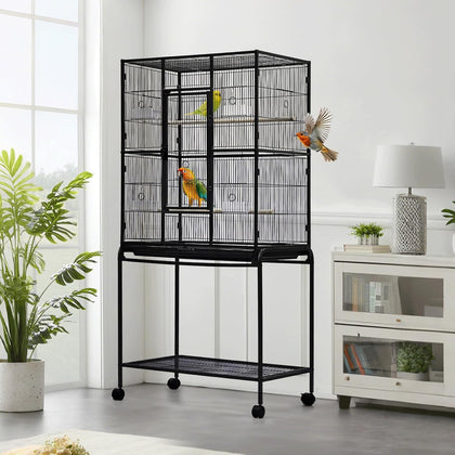 Spacious Flight Bird Cage with Rolling Stand & Storage Shelf - Durable Wrought Iron Parrot Home - Easy Clean, Ideal