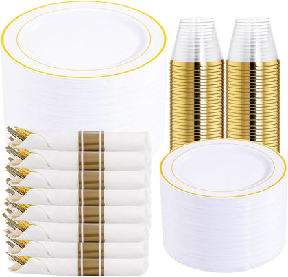 350PCS Gold Plastic Dinnerware Set for 50 Guests