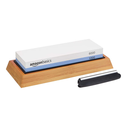 Whetstone Knife Sharpening Stone, Double-Sided 1000/6000 Grit with Angle Guide, Non-Slip Bamboo Base, Black & Grey