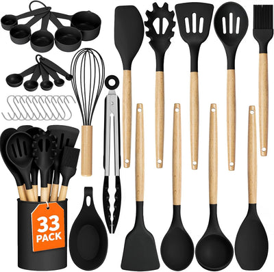 Kitchen Utensils Set - 33 PCS, Heat-Resistant Silicone Cooking Utensils Set with Wooden Handle, BPA-Free Kitchen