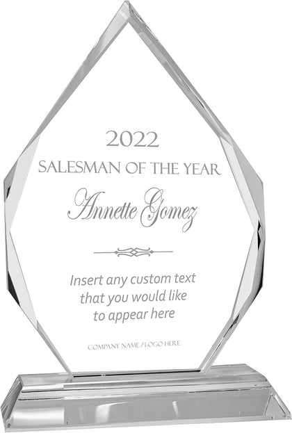Personalized 7" Crystal Diamond Award with Text and Logo Upload, Custom Engraved Glass Award for Employee