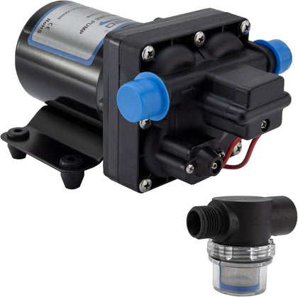RecPro RV 4 Chamber Water Pump | Quiet Running | 12V DC | 45 PSI | 8.0AMP | Self Priming (With Strainer, No Silencer)