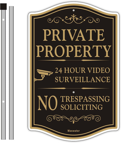 Large Private Property No Trespassing Sign For House, 8" x 14" All Metal Construction Yard Sign With 28" Long Stake