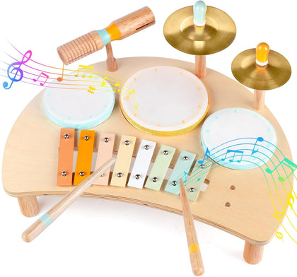 Kids Drum Set, Montessori Toys Wooden Musical Instruments for Baby Toddlers | Drum Kit with Cymbals & Xylophone