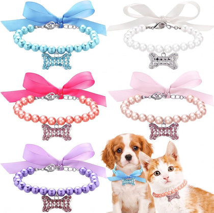 5 Pcs Pet Pearl Necklace Diamond Crystal Dog Pearl Necklace Collars with Bling Rhinestones Bone Dog Cat Jewelry Set