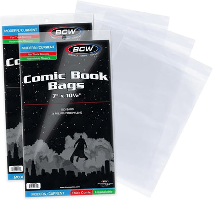 Thick Resealable Current/Modern Comic Bags - 200 ct | Acid-Free Modern Comic Bags for Current Issues | Exterior 7 x