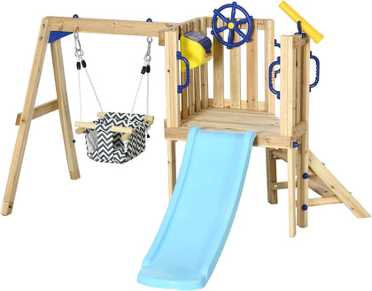 Swing Set for Backyard Wooden Toddler Playset Ages 1.5-4 Natural | Outdoor Playset, Baby Swing Seat, Kids Slide