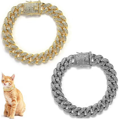 Cat Chain Collar, 2 Pcs Diamond Cuban Link Kitten Walking Collar with Secure Buckle Pet Rhinestones Necklace Metal
