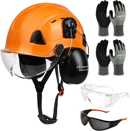 Arborist Helmet Kit with Visor, Earmuffs, A5 Gloves & Glasses | Vented Climbing Hard Hat for Landscapers, Brush