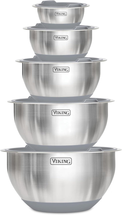 Mixing Bowls Set, 10 Piece Stainless Steel Kitchen Cookware, Non-Slip Silicone Base, Includes Tight Fit Lids