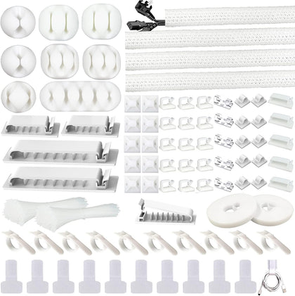 White Cable Management Organizer Kit 4 Cable Sleeve Split,47Cable Clips 12Cord Clips Holder,22 Cable Ties, 20