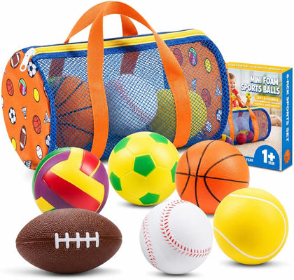 Soft Sports Balls for Toddlers (6-Pack) Foam Ball Set for Kids Ages 1-3 | Foam Soccer, Basketball, Football