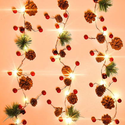 2 Pack Christmas Garland With Lights - 7.2Ft 20 LED Red Berry Pine Garland Battery Operated for Mantle Fireplace