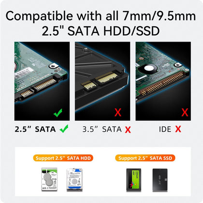 External Hard Drive Enclosure for 7mm 9.5mm 2.5 inch SATA SSD/HDD, 5Gbps USB C to SATA Adapter Storage Case, 6TB