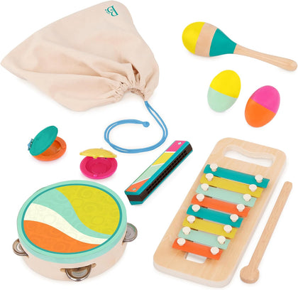 Wooden Musical Instruments, Make a Melody, 9-Piece Set, Interactive | Includes xylophone, tambourine, harmonica