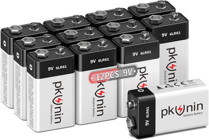 9V Batteries 12 Pack Alkaline 9 Volt Battery for Smoke Detector Long-Lasting Square 9V 6LR61 Fire Alarm Batteries