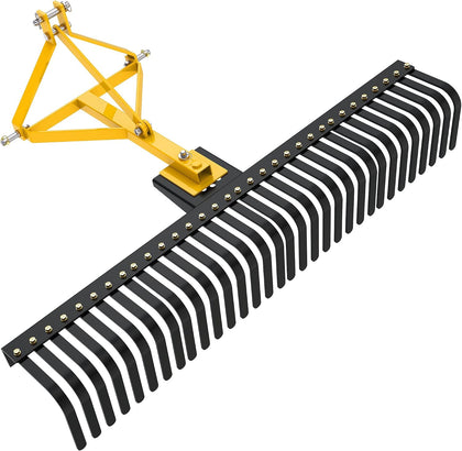 3 Point Landscape Rock Rake for CAT 1, 5 FT Attach Tractor Rake | 32 Heavy Duty Steel Tines, 360 Degree Rotation