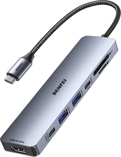 7-in-1 USB C Hub with HDMI(4K@60Hz), 2 USB-A, 1 USB-C Data, 100W Charge, SD/TF Card Reader, Silicone Tangle-Free