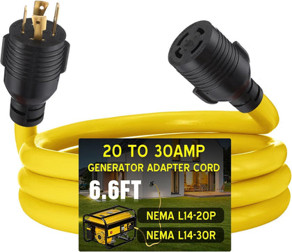6.6 ft 20 Amp to 30 Amp Generator Adapter Cord NEMA L14-20P Male to L14-30R Female, Heavy Duty 10awg STW 4-Wire Power
